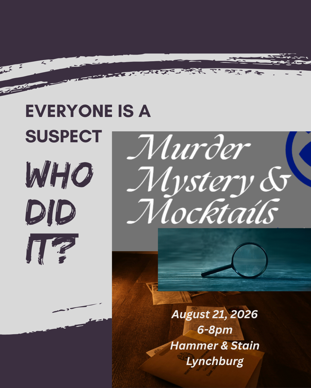 08/21/2026 Murder Mystery & Mocktails 6-8pm (Lynchburg)